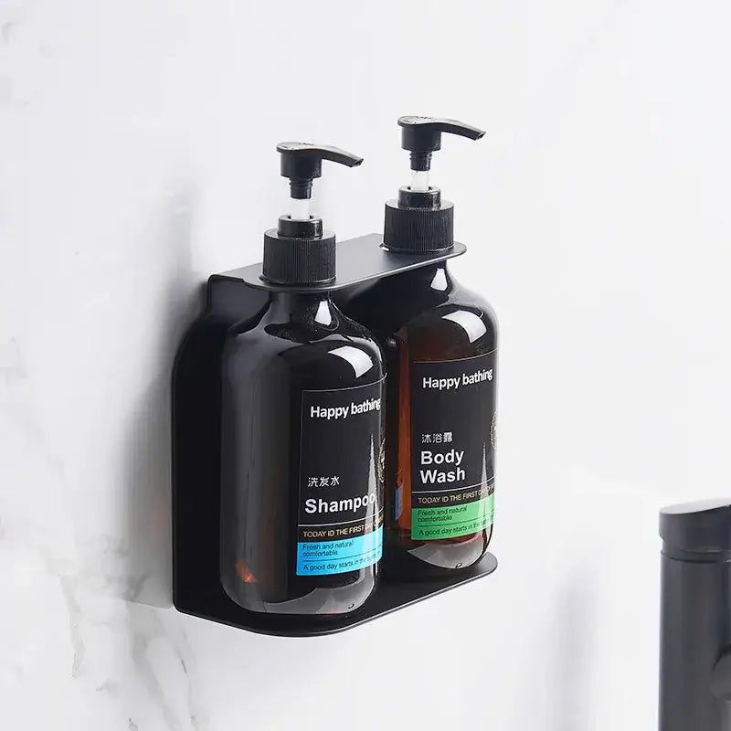 Black wall-mounted liquid soap dispenser with two amber glass bottles featuring black pumps made of sus 304 and abs materials