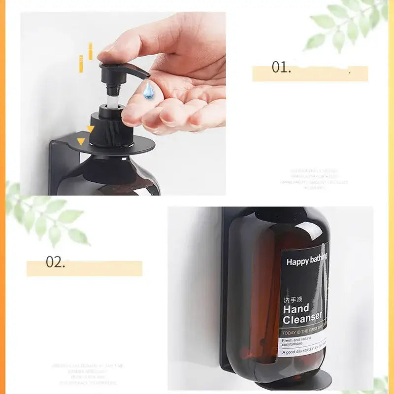 Black wall-mounted liquid soap dispenser with dark amber glass bottle made of SUS 304 and ABS materials by DecorBites
