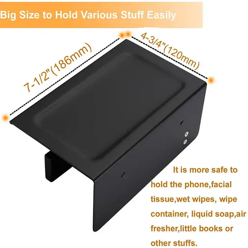 Black metal tray with flat rectangular surface and raised edges for secure storage in decorbites bathroom multi-function holder