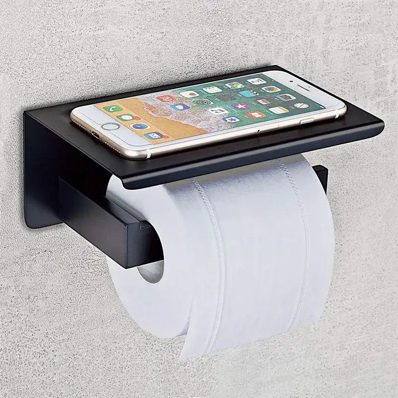 Black metal decorbites bathroom multi-function holder with integrated shelf holding smartphone made of sus 304 steel