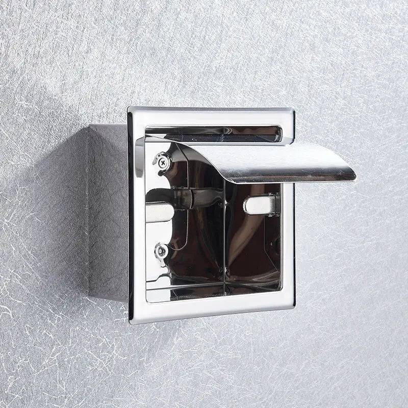 Chrome finished square paper holder with hinged lid for wall mounted roll paper box by DecorBites matte black accents