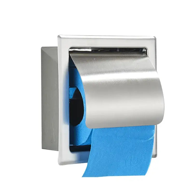 Silver stainless steel wall-mounted paper holder with sleek modern design for roll paper box use in matte black decor
