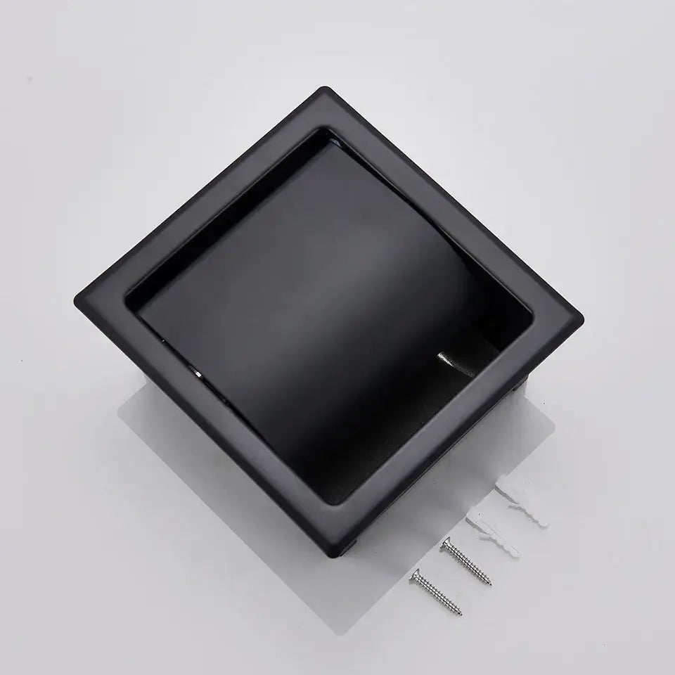 Black square wall-mounted paper holder with matte black finish and included screws for roll paper box installation