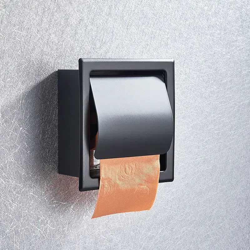 Decorbites matte black wall-mounted paper holder with sleek rectangular design holding an orange roll paper box