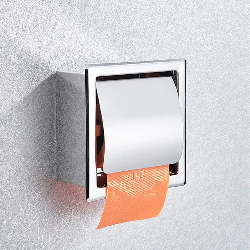 DecorBites chrome paper holder wall-mounted with matte black roll paper box and orange patterned tissue paper