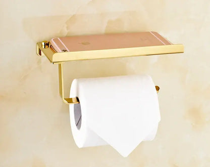 Gold-toned decorbites bathroom paper phone holder shelf and toilet paper holder set with rose gold iphone resting on shelf