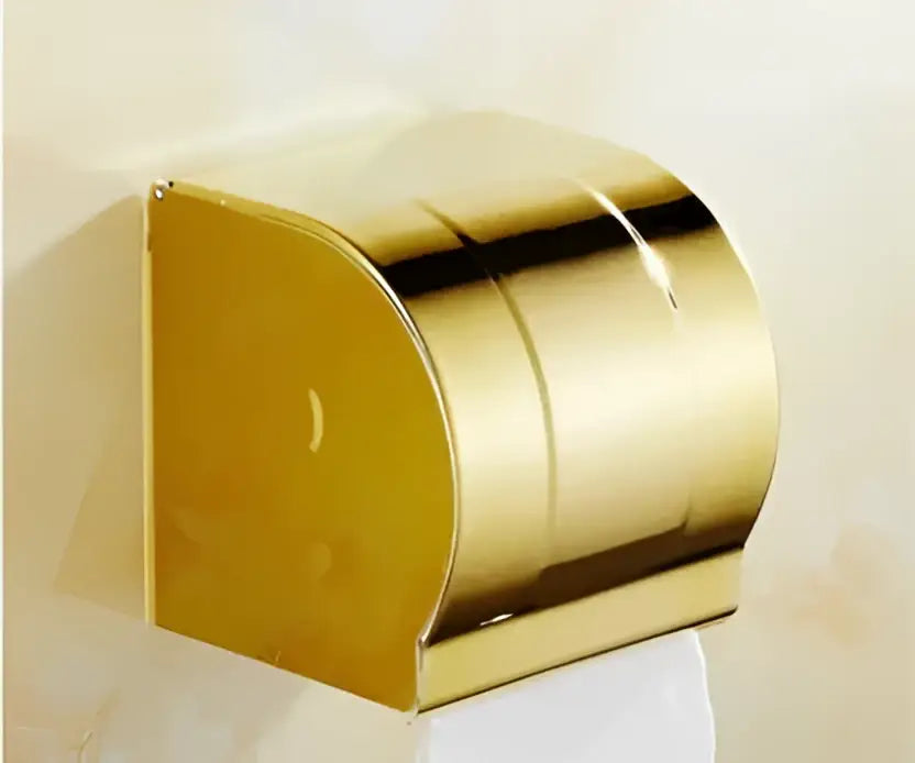 Gold-colored sleek metallic decorbites bathroom paper phone holder with curved lid and vertical ridges for towel rack use