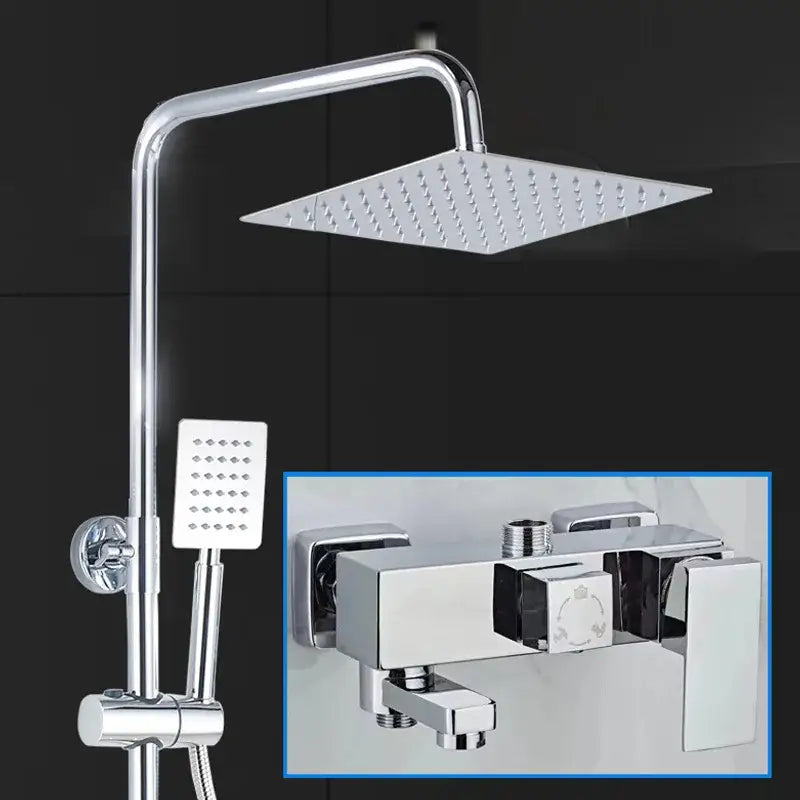 DecorBites™ chrome copper shower faucet set with square rainfall shower head handheld sprayer and modern wall mount faucet set