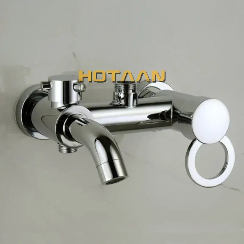 Chrome finished wall-mounted bathtub faucet with curved spout and circular handle in DecorBites shower faucet set