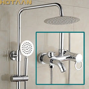 Decorbites bathroom rainfall shower faucet set with chrome finish features rectangular rainhead and circular hand sprayer