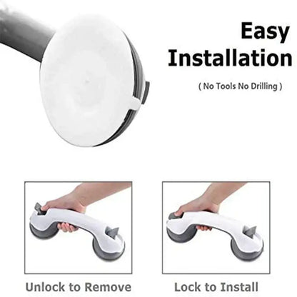 White and gray DecorBites bathroom safety grab bar with suction cups and ergonomic handle for easy tool-free installation
