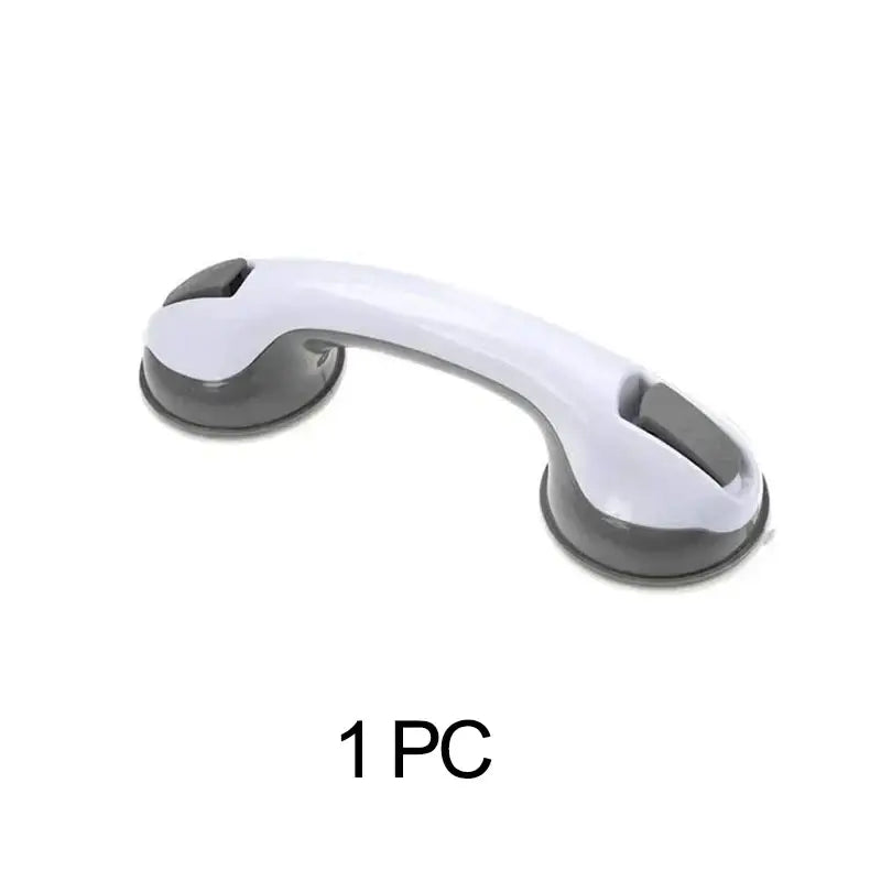White and gray dual suction cup grab bar with ergonomic handle for bathroom safety by DecorBites bathroom safety