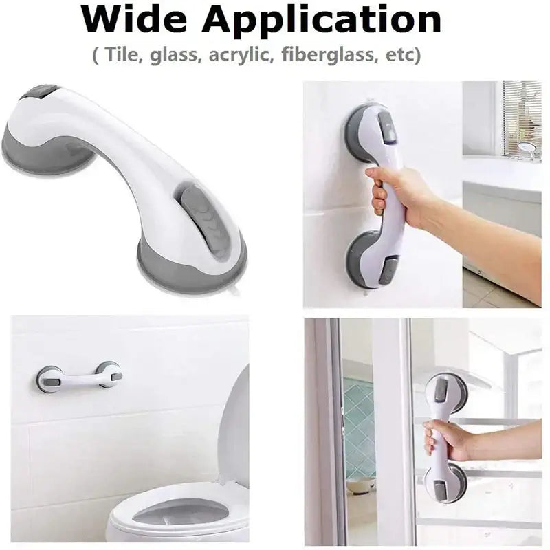 White and gray DecorBites bathroom safety grab bar with suction cups and ergonomic handle for elderly support