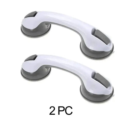 White and gray suction cup grab bar with smooth plastic handle for bathroom safety by DecorBites bathroom safety