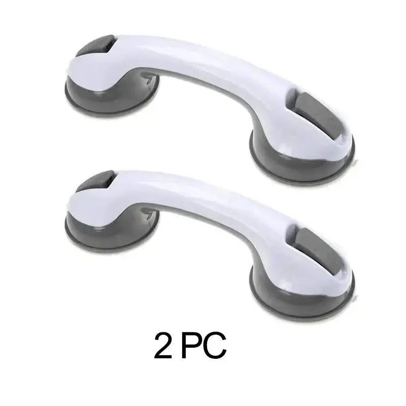 White and gray suction cup grab bar with smooth plastic handle for bathroom safety by DecorBites bathroom safety