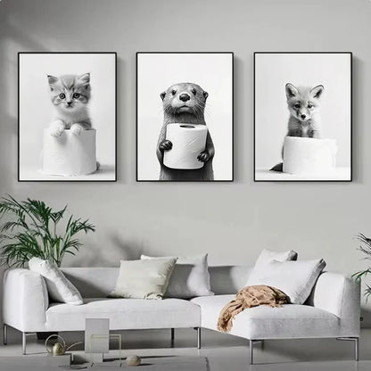 Bathroom Wall Art: Cute Animal Canvas Posters - Posters
