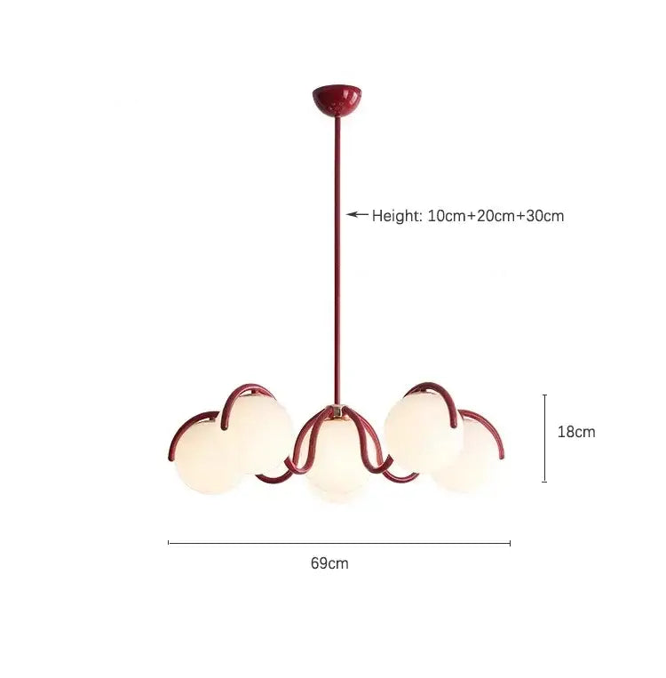 A modern decorbites bean glass pendant light with burgundy metal frame and five frosted globe shades for living spaces