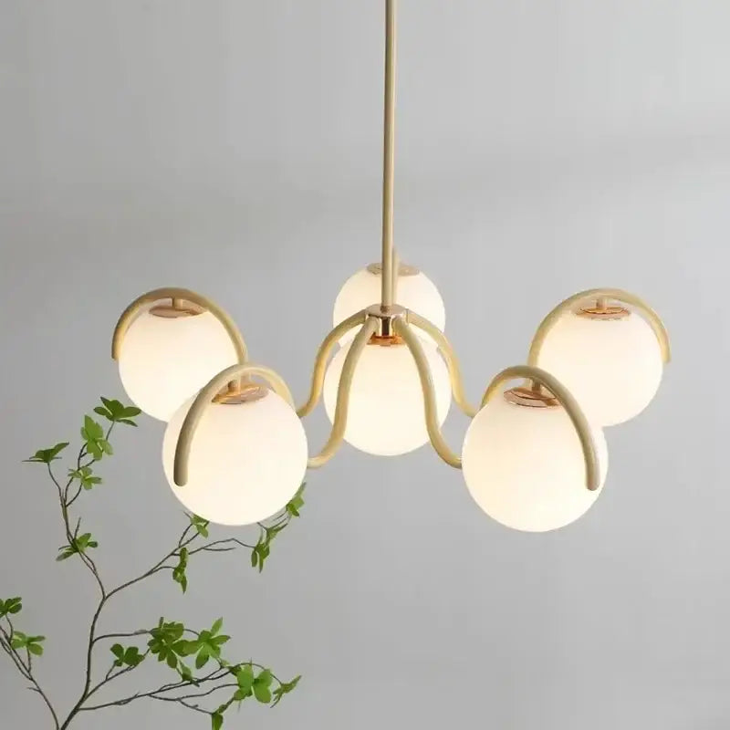 Modern brass-finished decorbites bean glass pendant light with five frosted glass globes for living room and bedroom