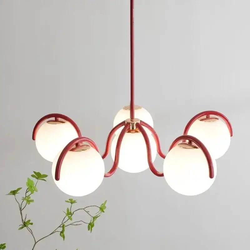 Red metal pendant light with five frosted glass globes decorbites bean glass pendant for living room and bedroom