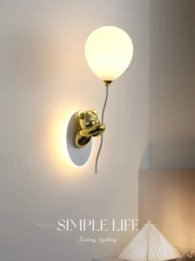 Gold-colored decorbites bear artistic wall lamp with frosted glass balloon lampshade for bear artistic kids rooms