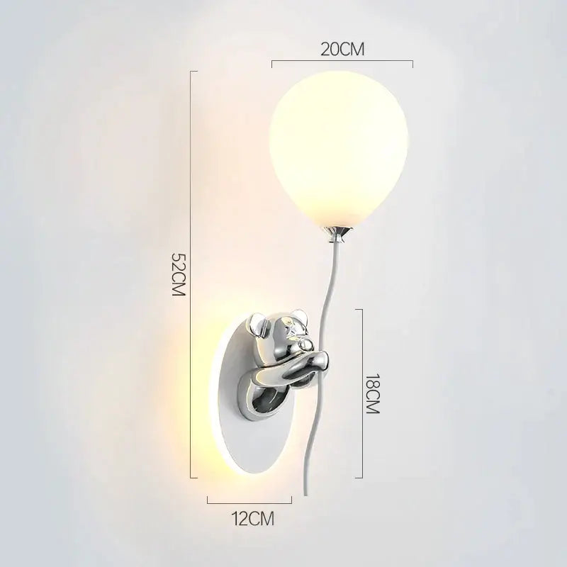 Decorbites bear artistic wall lamp featuring a sleek chrome bear shape with a frosted glass balloon shade for kids rooms