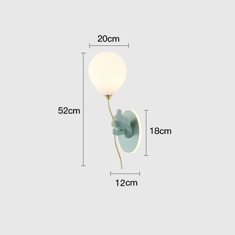 Decorbites bear artistic wall lamp featuring a matte teal bear holding a gold stem with white spherical bulb for kids room
