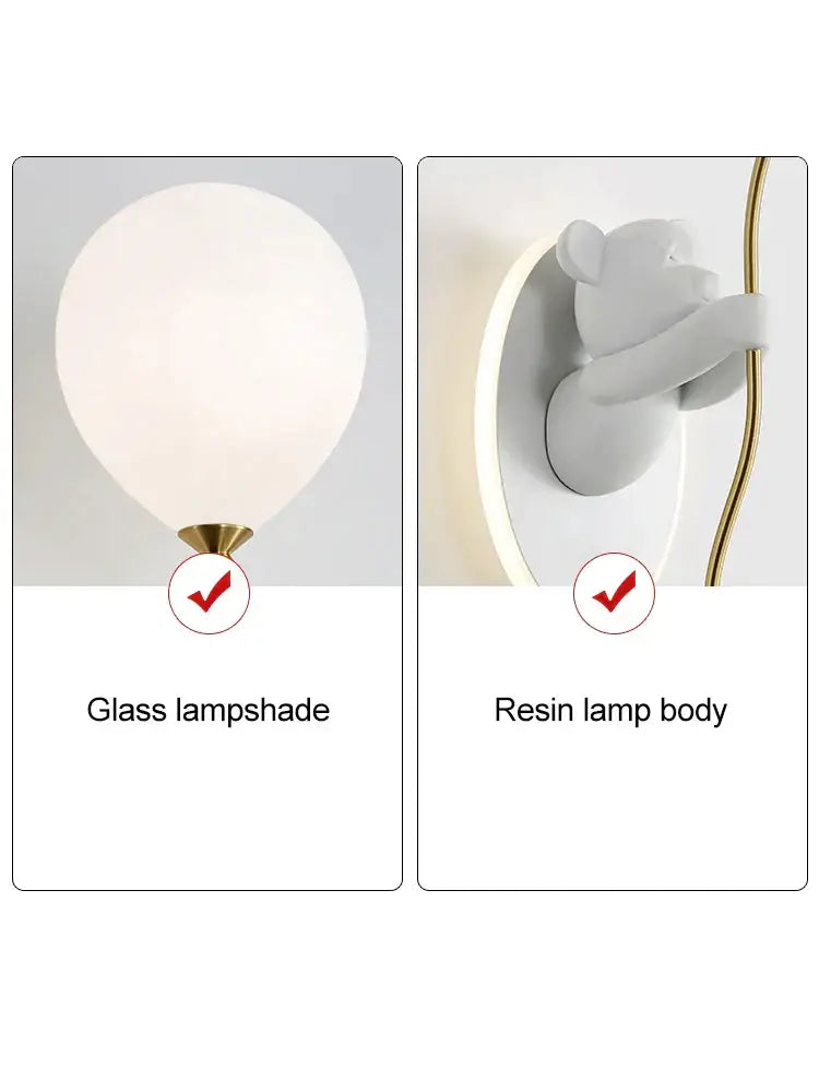 Decorbites bear artistic kids wall lamp with white balloon glass shade and gray resin bear base with gold metal accents