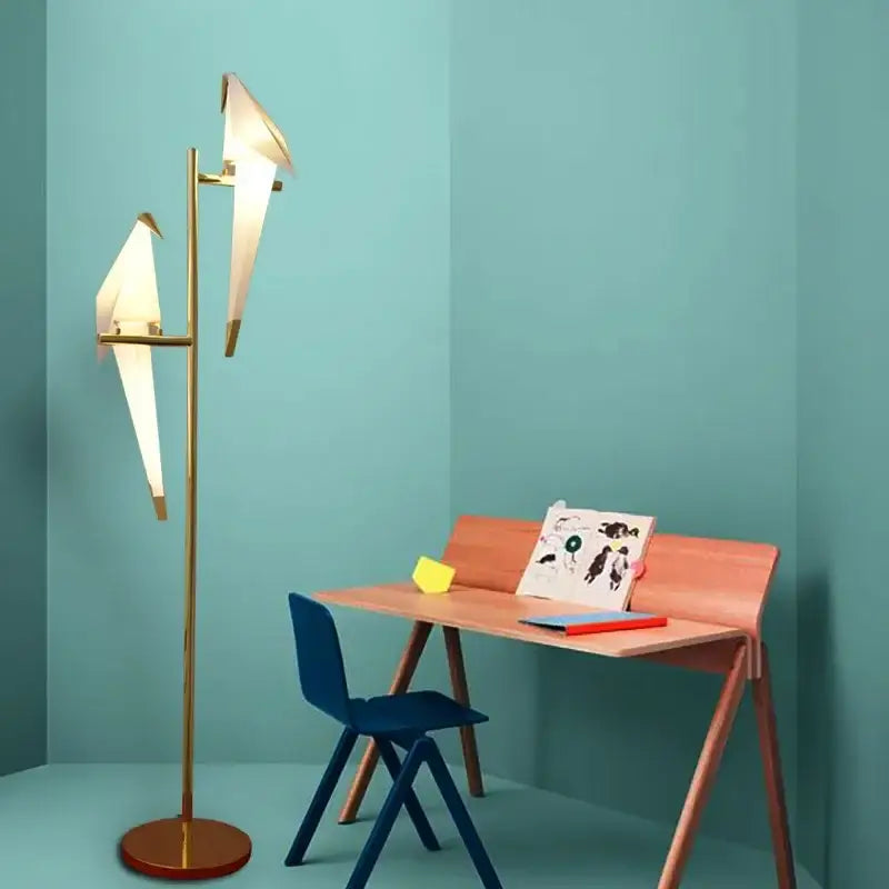 Gold-toned decorbites bird origami floor lamp with two bird origami light fixtures for living room lighting