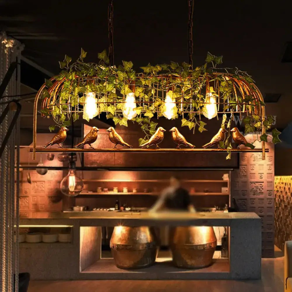 Decorbites™ birdcage industrial iron dining room island light in black bronze with golden bird pendant and hanging ivy 220v-240v 110v-120v