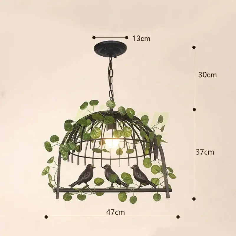Black wrought iron decorbites birdcage led chandelier with green vines and three birds for bedroom lighting