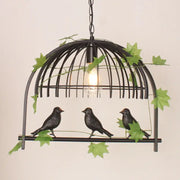 Decorbites™ black metal birdcage pendant light with three birds and green vine accents rustic wrought iron 220v-240v 110v-120v