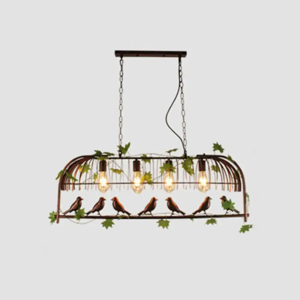 Rustic wrought iron birdcage pendant light with bronze finish green leaf accents and exposed bulbs for dining room 220v-240v 110v-120v