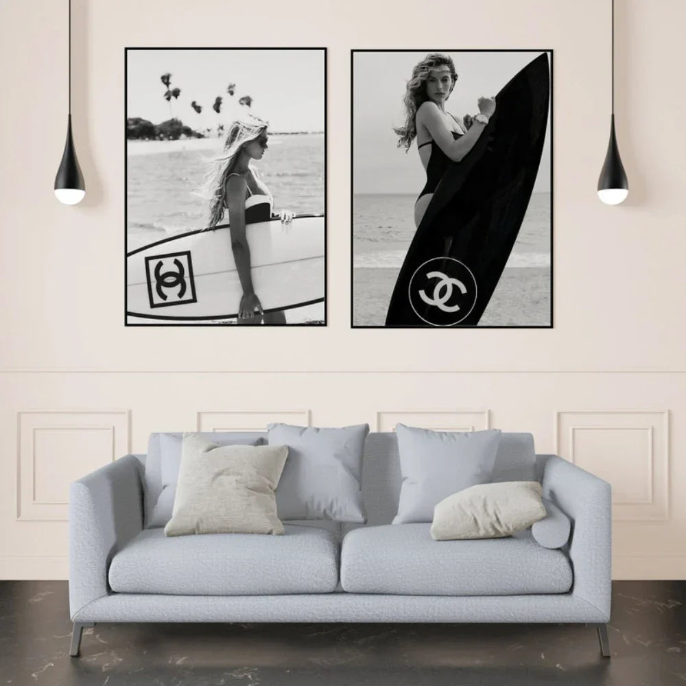 Black and White Surfboard Wall Art - Teen Room Decor - Posters