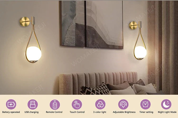 Two gold teardrop battery operated wall sconces with glowing white globes from decorbites usb type-c compatible