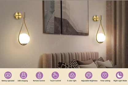 Two gold teardrop battery operated wall sconces with glowing white globes from decorbites usb type-c compatible