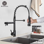 Matte black decorbites black brass kitchen faucet with flexible coiled spout and pull down spray head