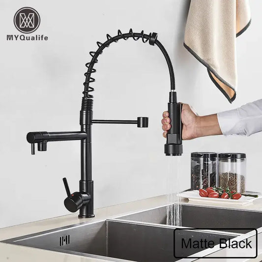 Matte black decorbites black brass kitchen faucet with flexible coiled spout and pull down spray head