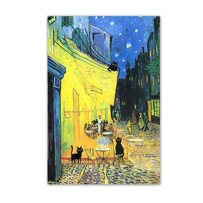 Black Cat Starry Night Canvas Wall Art - Yellow / 50X70cm Unframed - Posters