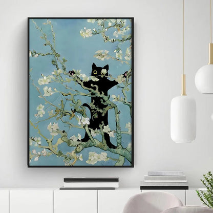 Black Cat Starry Night Canvas Wall Art - Posters