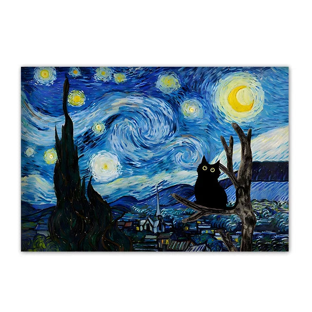 Black Cat Starry Night Canvas Wall Art - Pink / 50X70cm Unframed - Posters