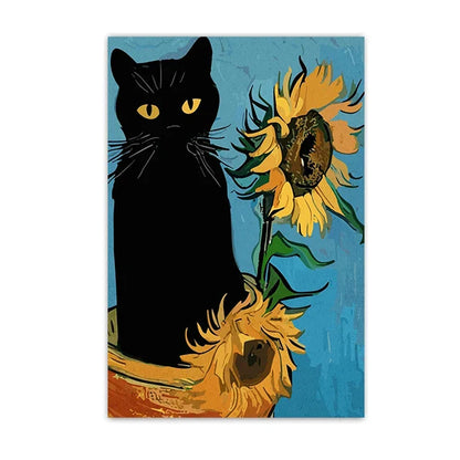 Black Cat Starry Night Canvas Wall Art - light yellow / 20x30cm Unframed - Posters