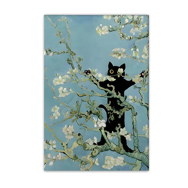 Black Cat Starry Night Canvas Wall Art - black / 20x30cm Unframed - Posters