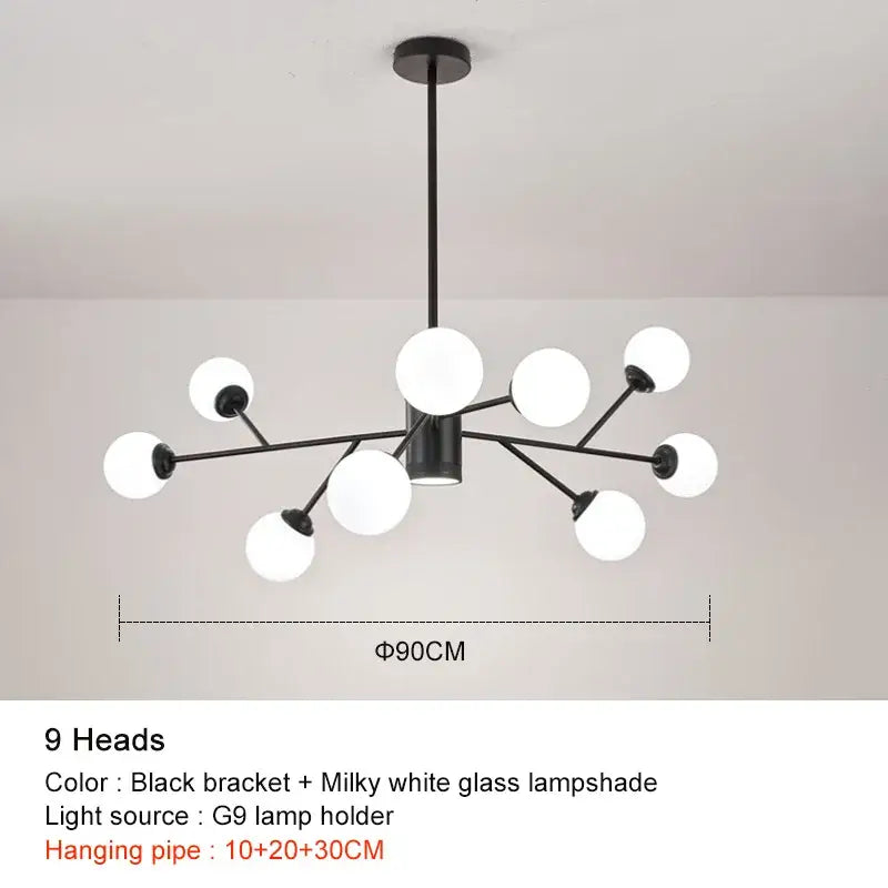 Decorbites black chandelier with nine milky white glass globes for living room lighting and decor