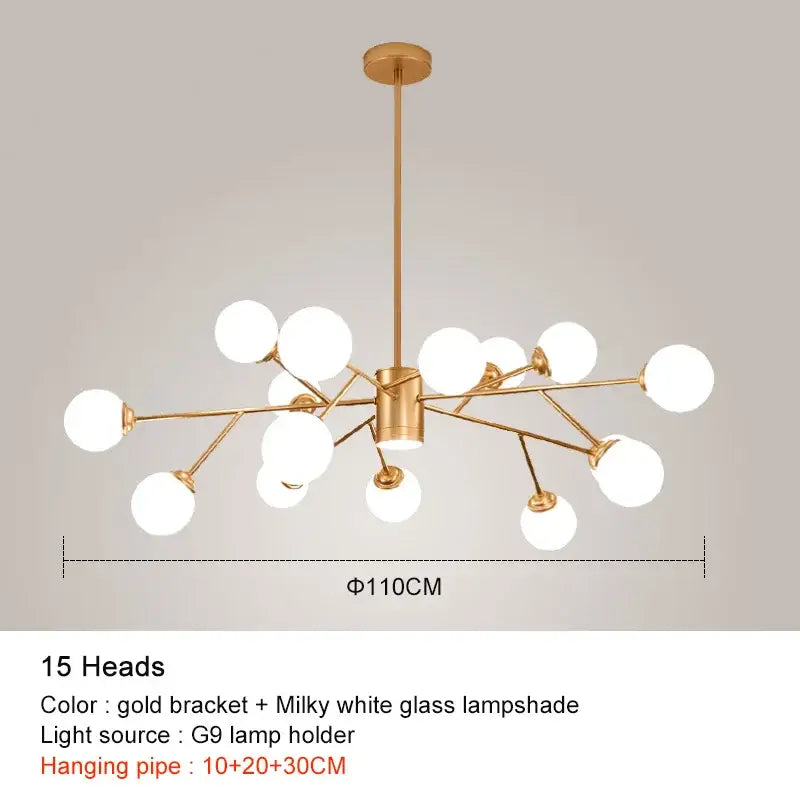 Gold-bracketed decorbites black chandelier with fifteen milky white glass lampshades for living room lighting