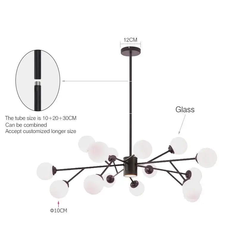 Modern black chandelier by decorbites with frosted white glass globe shades for living room lighting