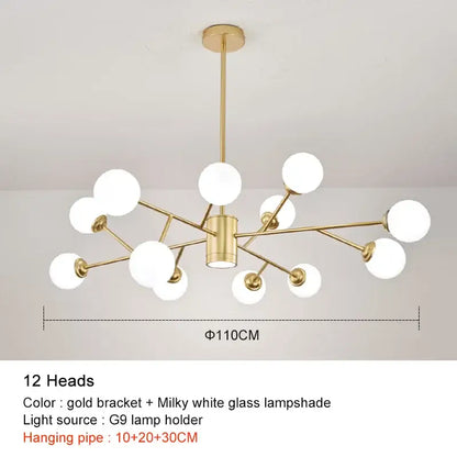 Gold-toned Decorbites black chandelier with twelve milky white glass lampshades in a modern branching design for living room
