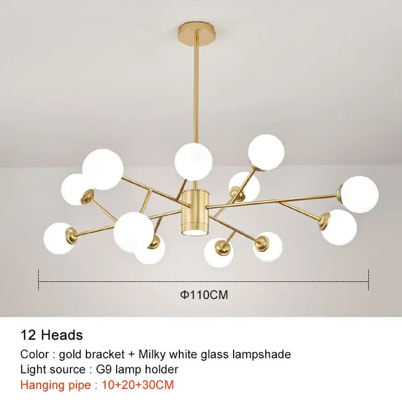 Gold-toned Decorbites black chandelier with twelve milky white glass lampshades in a modern branching design for living room