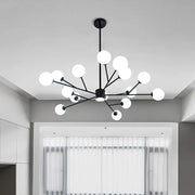 Decorbites black chandelier with multiple white spherical glass globes for living room lighting fixture