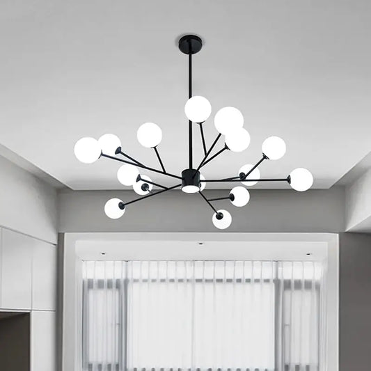 Decorbites black chandelier with multiple white spherical glass globes for living room lighting fixture
