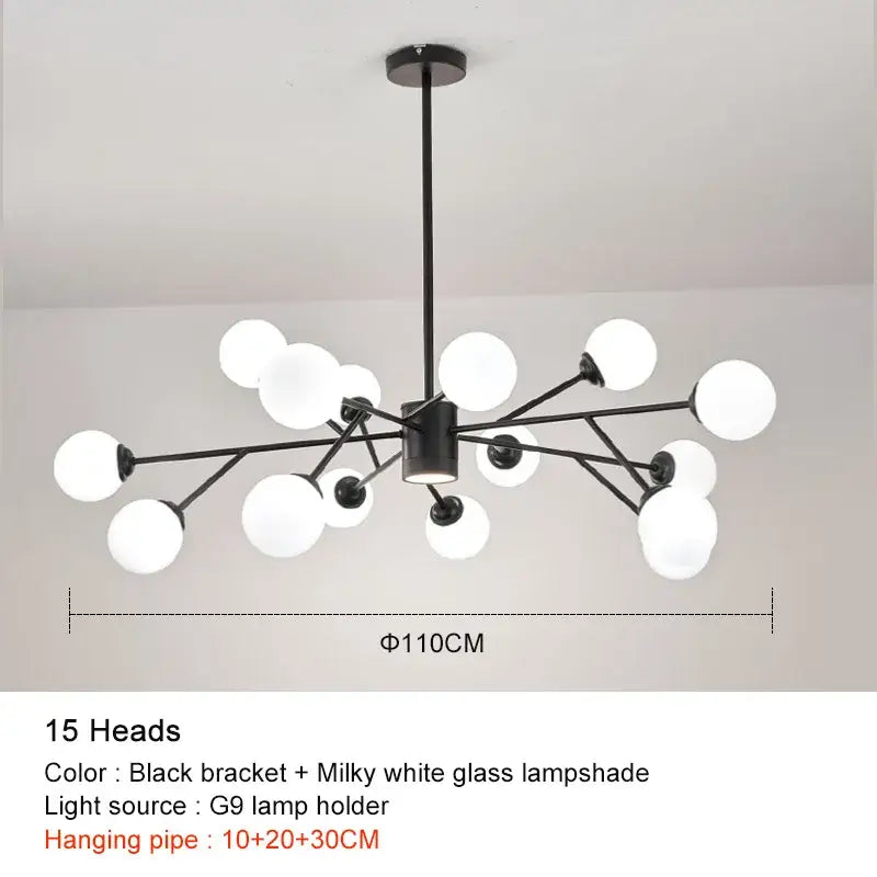 Decorbites black chandelier with fifteen milky white glass lampshades for elegant living room lighting